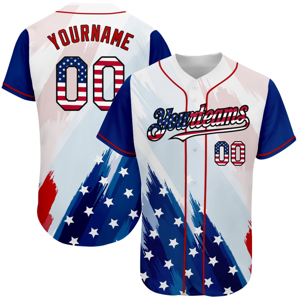 Cool Baseball Jersey, Custom White USA Flag Royal Red Black 3D American Flag Fashion Authentic Baseball Jersey, Best Baseball Jerseys