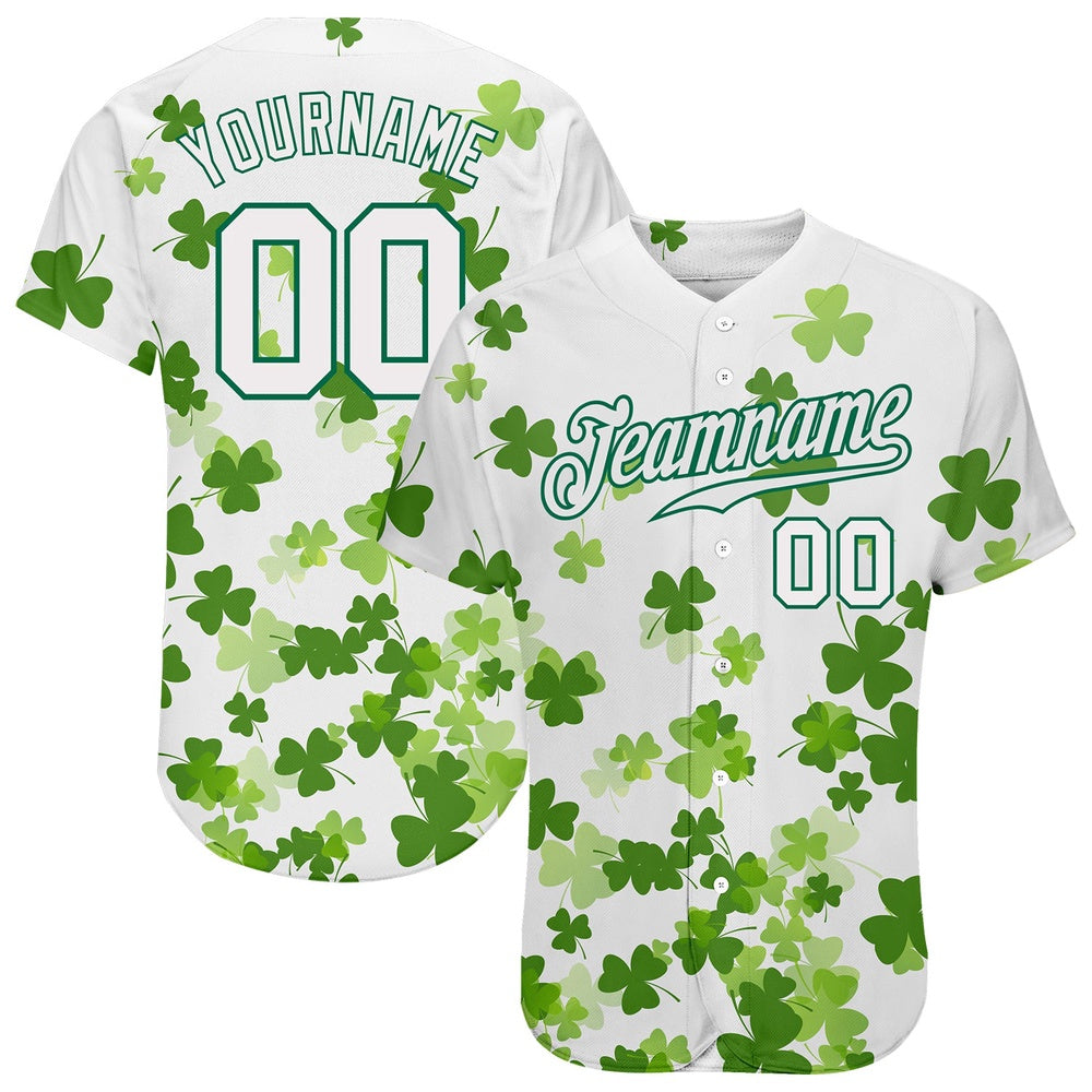 Cool Baseball Jersey, Custom White White Kelly Green 3D Pattern Design Authentic St Patrick's Day Baseball Jersey, Best Baseball Jerseys