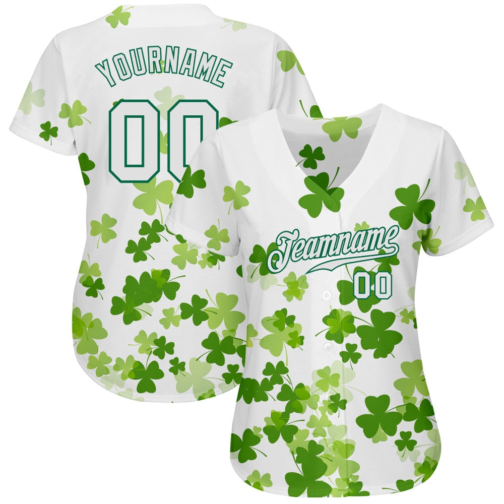 Cool Baseball Jersey, Custom White White Kelly Green 3D Pattern Design Authentic St Patrick's Day Baseball Jersey, Best Baseball Jerseys