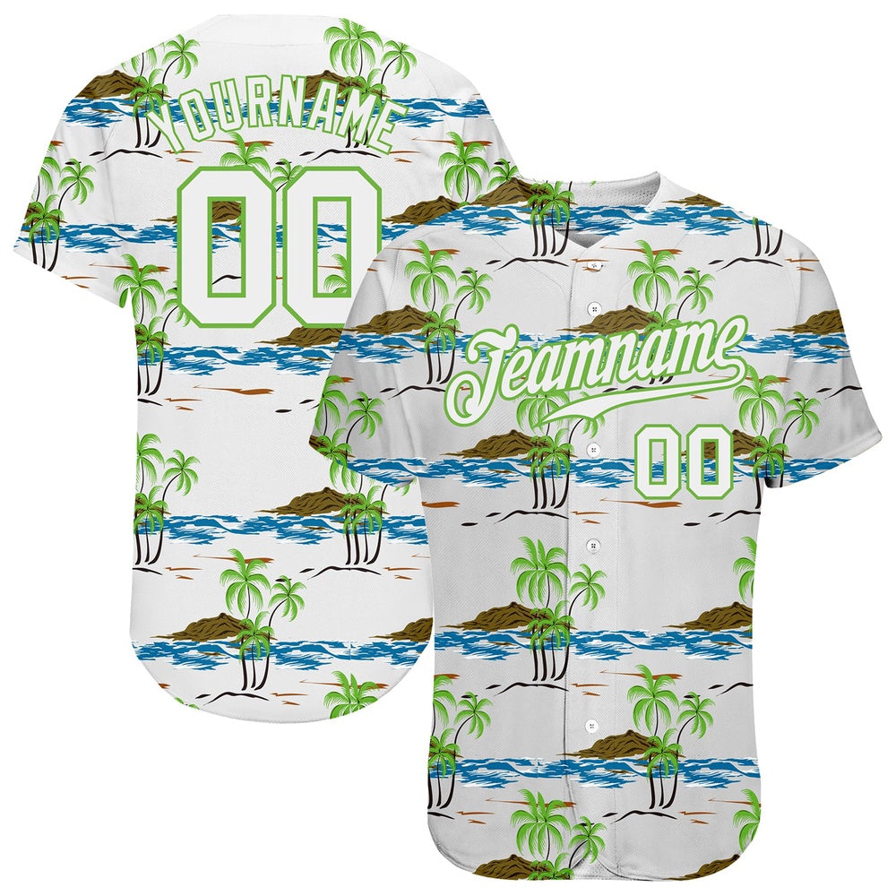 Cool Baseball Jersey, Custom White White Neon Green 3D Pattern Design Beaches Authentic Baseball Jersey, Best Baseball Jerseys