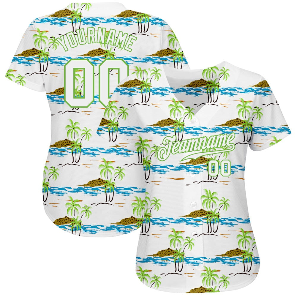 Cool Baseball Jersey, Custom White White Neon Green 3D Pattern Design Beaches Authentic Baseball Jersey, Best Baseball Jerseys
