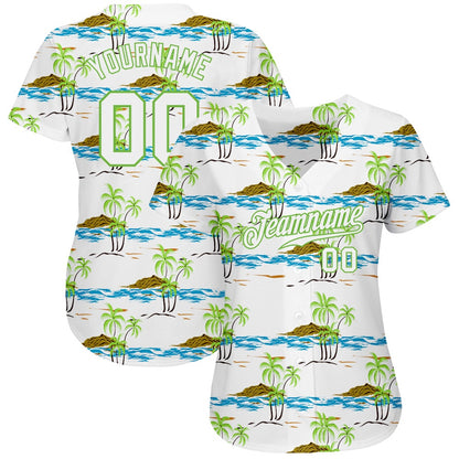 Cool Baseball Jersey, Custom White White Neon Green 3D Pattern Design Beaches Authentic Baseball Jersey, Best Baseball Jerseys