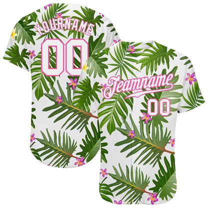 Cool Baseball Jersey, Custom White White Pink 3D Pattern Design Tropical Palm Leaves Authentic Baseball Jersey, Best Baseball Jerseys