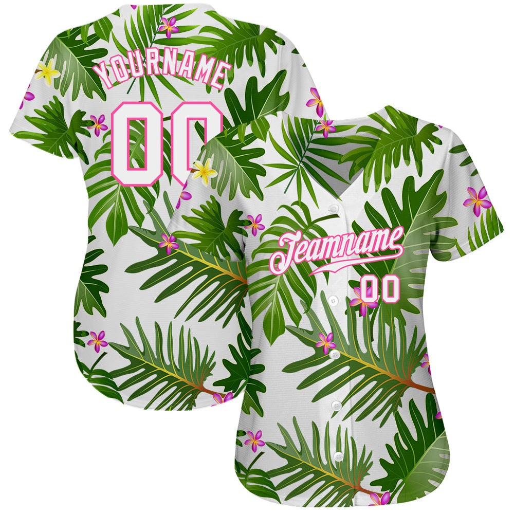 Cool Baseball Jersey, Custom White White Pink 3D Pattern Design Tropical Palm Leaves Authentic Baseball Jersey, Best Baseball Jerseys