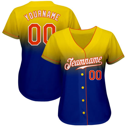 Cool Baseball Jersey, Custom Yellow Orange Royal Authentic Fade Fashion Baseball Jersey, Best Baseball Jerseys