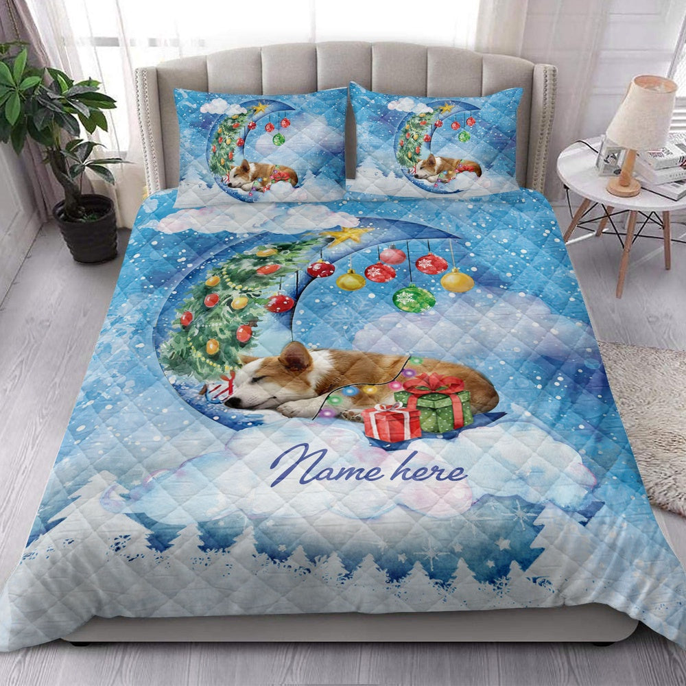 Corgi Quilt Set, Corgi Sleeping On The Moon Snowflakemas Tree Dog Quilt Blanket