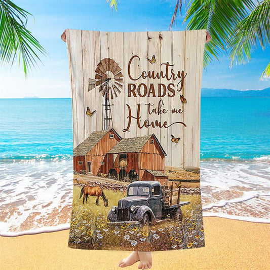 Country Roads Take Me Home Ladybug Car Horse Beach Towel - Christian Wall Beach Towel - Gift For Horse Lover