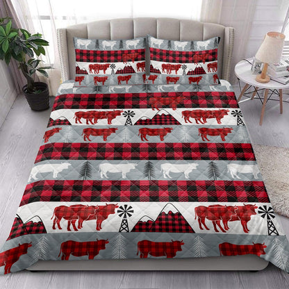 Cow Quilt Set, Christmas Cow Red Buffalo Plaid Winter Holidays Quilt Blanket