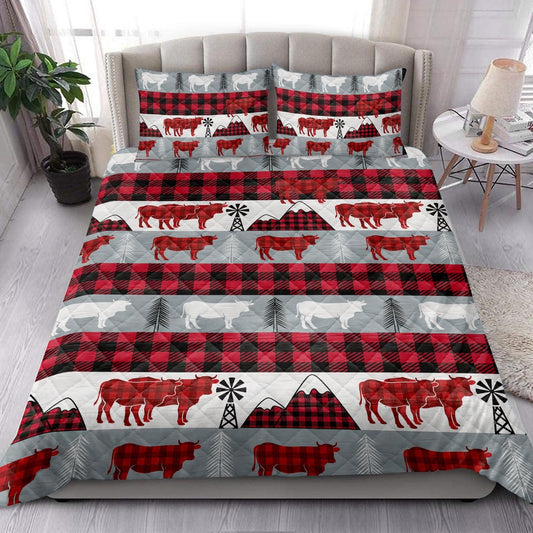 Cow Quilt Set, Christmas Cow Red Buffalo Plaid Winter Holidays Quilt Blanket