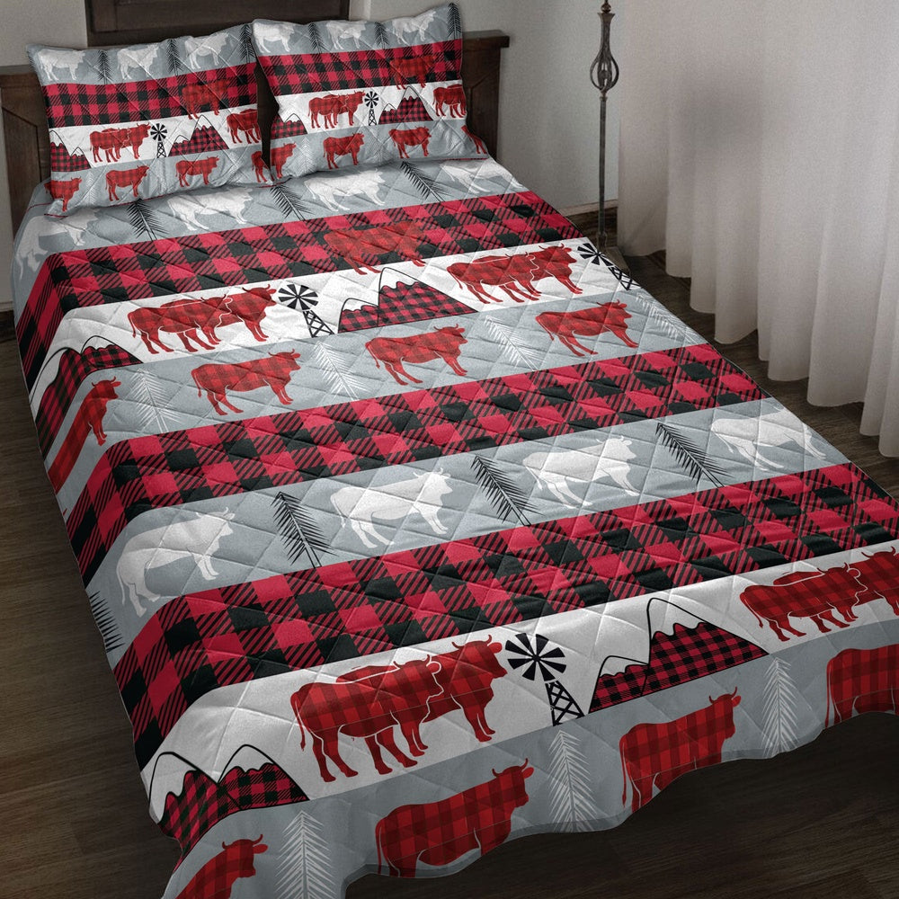 Cow Quilt Set, Christmas Cow Red Buffalo Plaid Winter Holidays Quilt Blanket