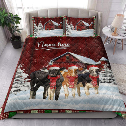 Cow Quilt Set, Cow With String Lightsmas Tree Snowdrift Quilt Blanket