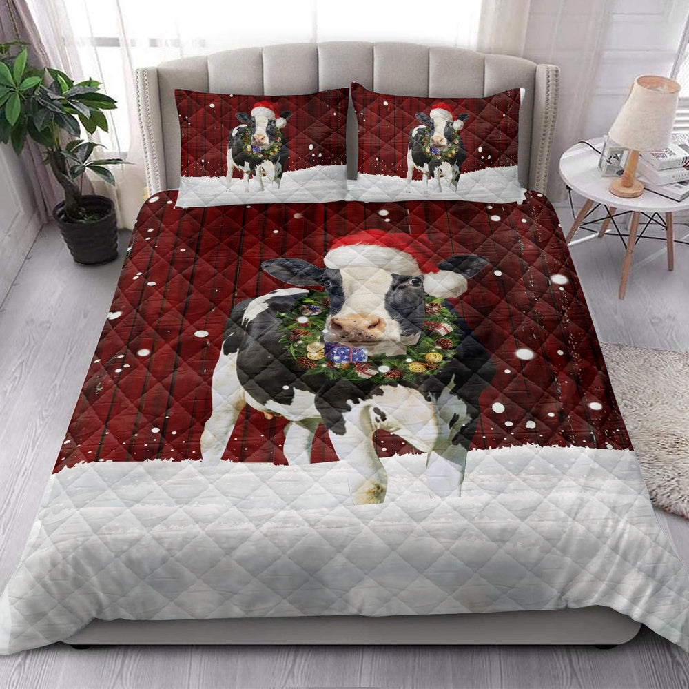 Cow Quilt Set, Cow With Wreathmas Farm Cow Quilt Blanket