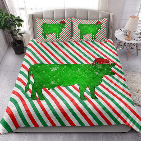Cow Quilt Set, Cowmas Hat Cane Candy Stripes Shiny Green Winter Holiday Quilt Blanket