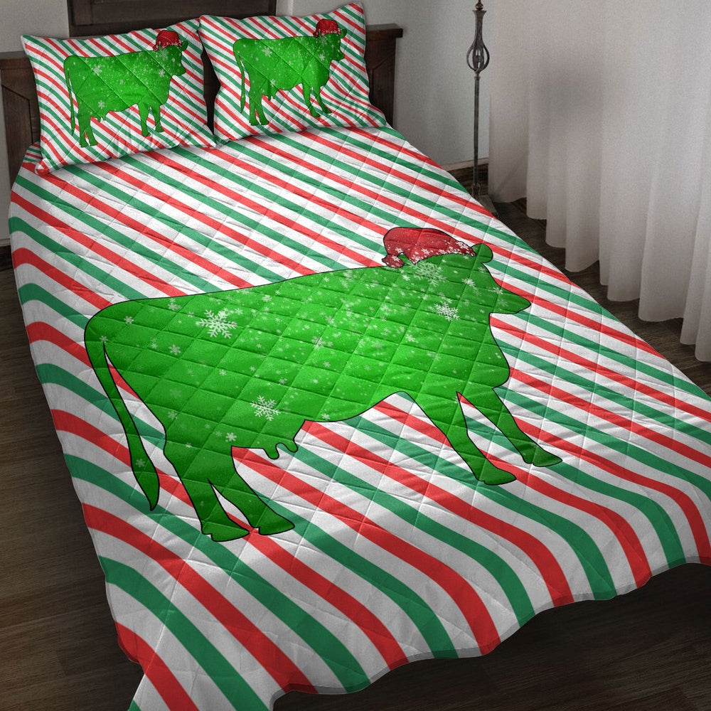 Cow Quilt Set, Cowmas Hat Cane Candy Stripes Shiny Green Winter Holiday Quilt Blanket