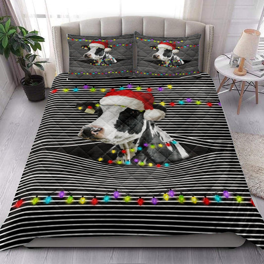 Cow Quilt Set, Funny Cow Withmas Hat String Light Xmas Winter Holiday Quilt Blanket