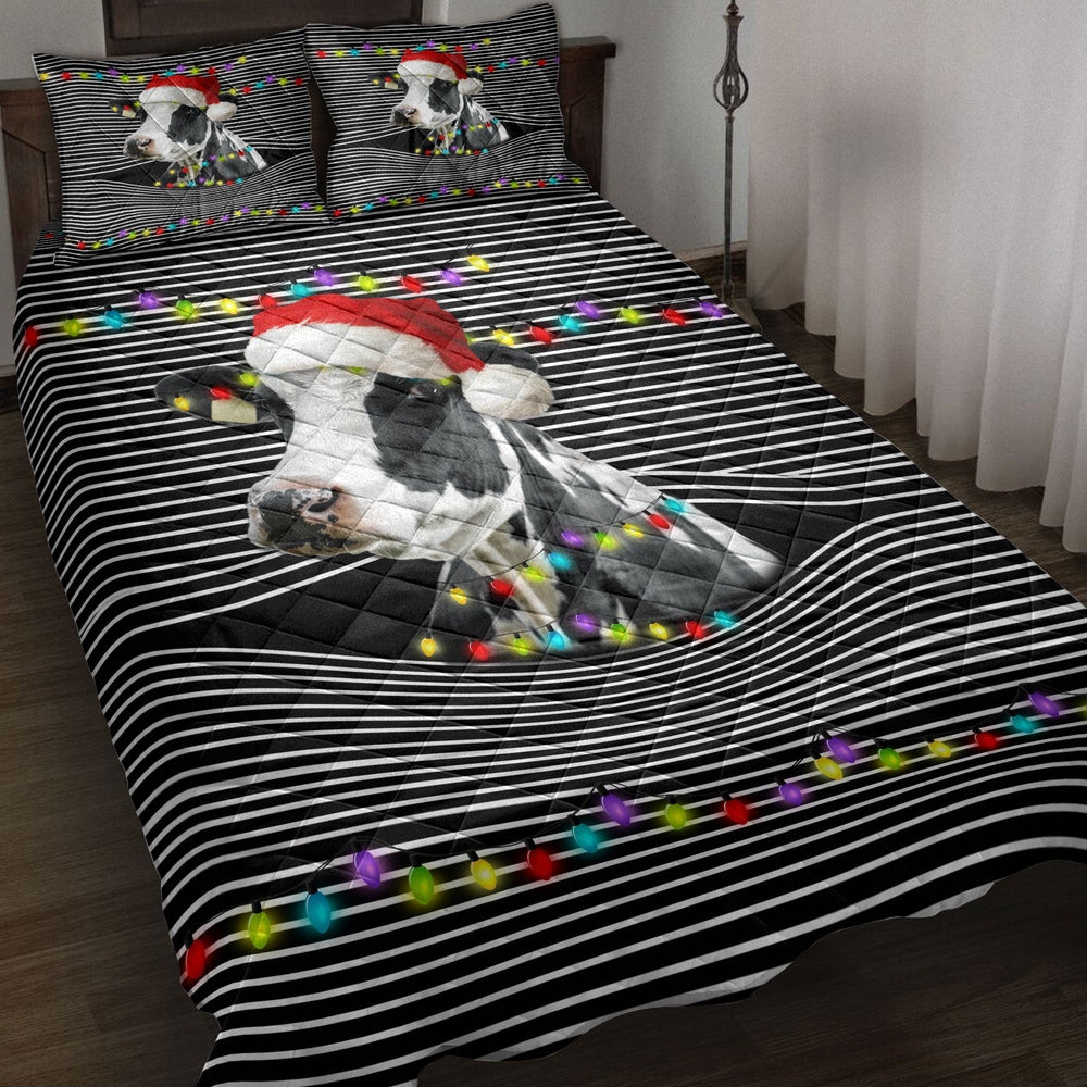 Cow Quilt Set, Funny Cow Withmas Hat String Light Xmas Winter Holiday Quilt Blanket