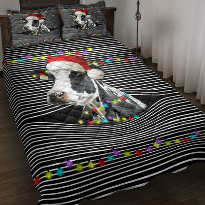 Cow Quilt Set, Funny Cow Withmas Hat String Light Xmas Winter Holiday Quilt Blanket
