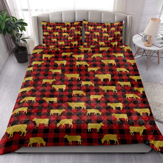 Cow Quilt Set, Gold Glittermas Red Buffalo Plaid Quilt Blanket