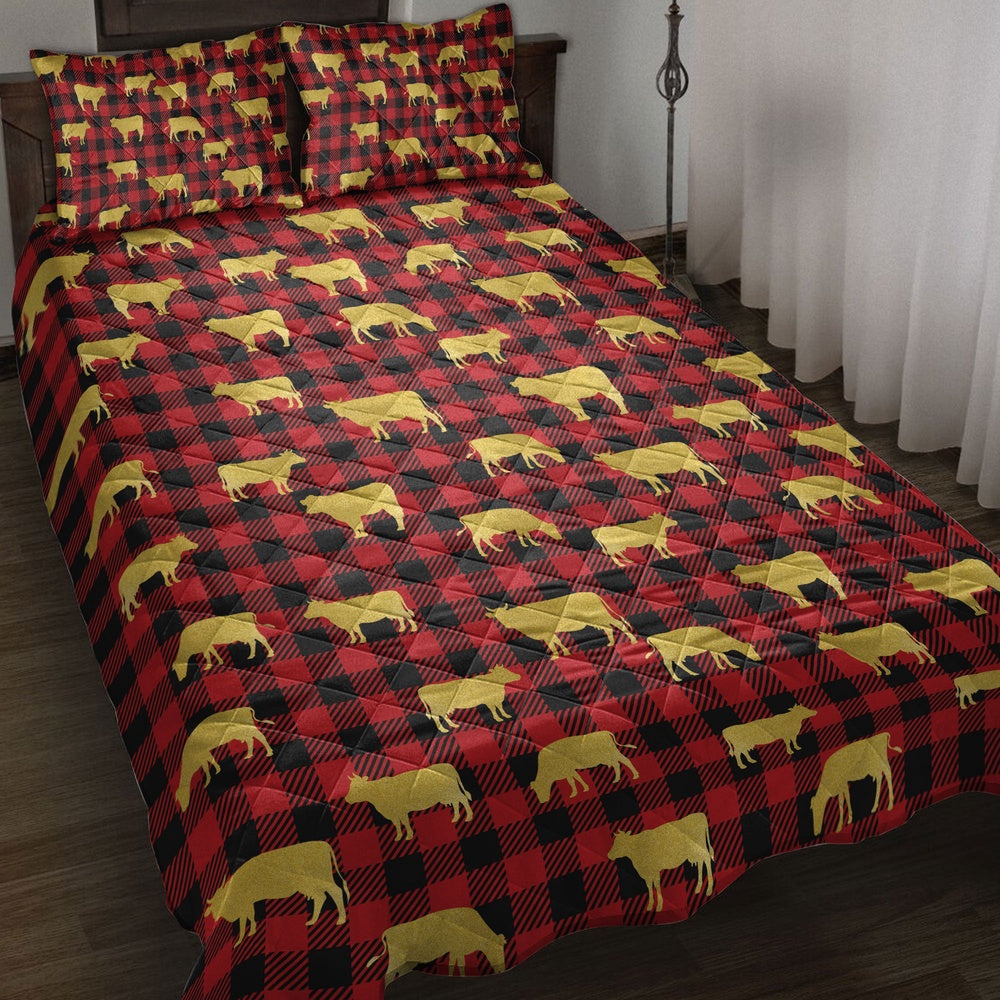 Cow Quilt Set, Gold Glittermas Red Buffalo Plaid Quilt Blanket