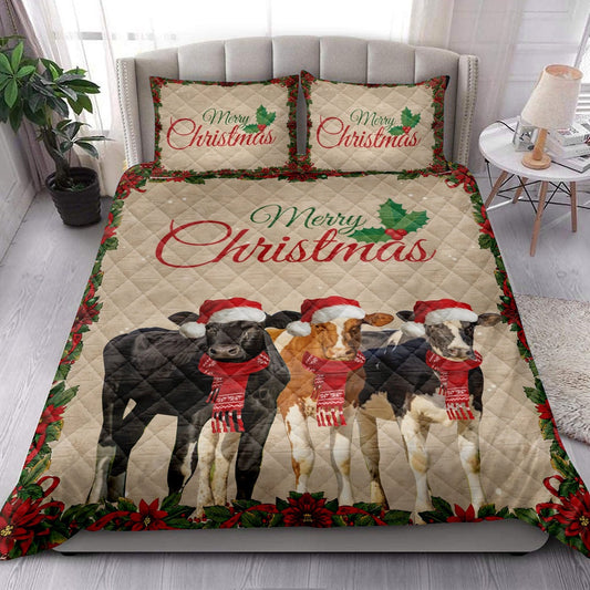 Cow Quilt Set, Merrymas Cow Cattle With Santa Hat Cow Quilt Blanket