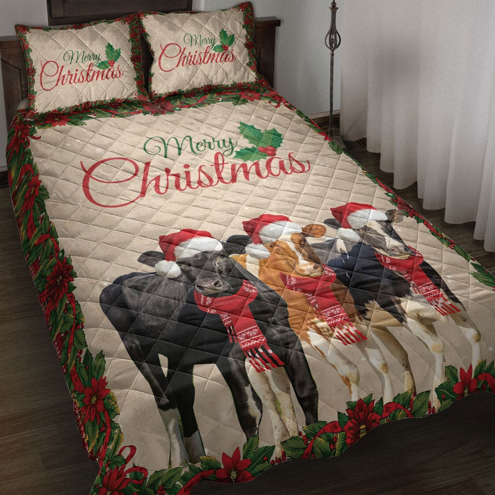 Cow Quilt Set, Merrymas Cow Cattle With Santa Hat Cow Quilt Blanket