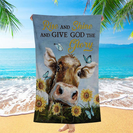 Cow Sunflower Field Rise And Shine Beach Towel - Christian Art - Bible Verse Beach Towel - Religious Beach Towel