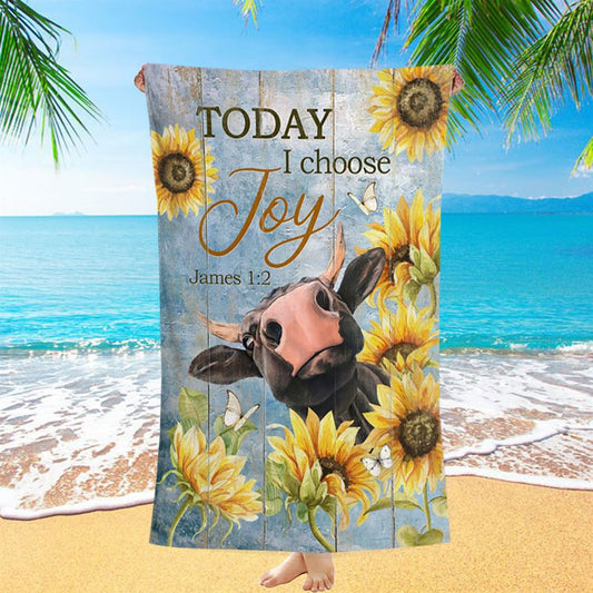 Cow Sunflower Frame Blue Sky - Today I Choose Joy Beach Towel - Christian Beach Towel - Bible Verse Beach Towel