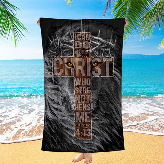 Cross Black Lion - I Can Do All Things Through Christ Beach Towel - Christian Beach Towel - Bible Verse Beach Towel