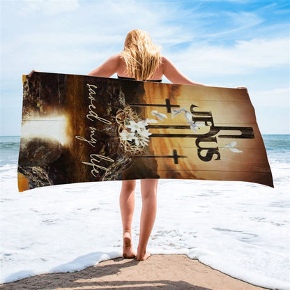 Cross Crown Of Thorns White Lily Dove Jesus Saved My Life Beach Towel, Christian Beach Towel, Christian Gift, Gift For Women