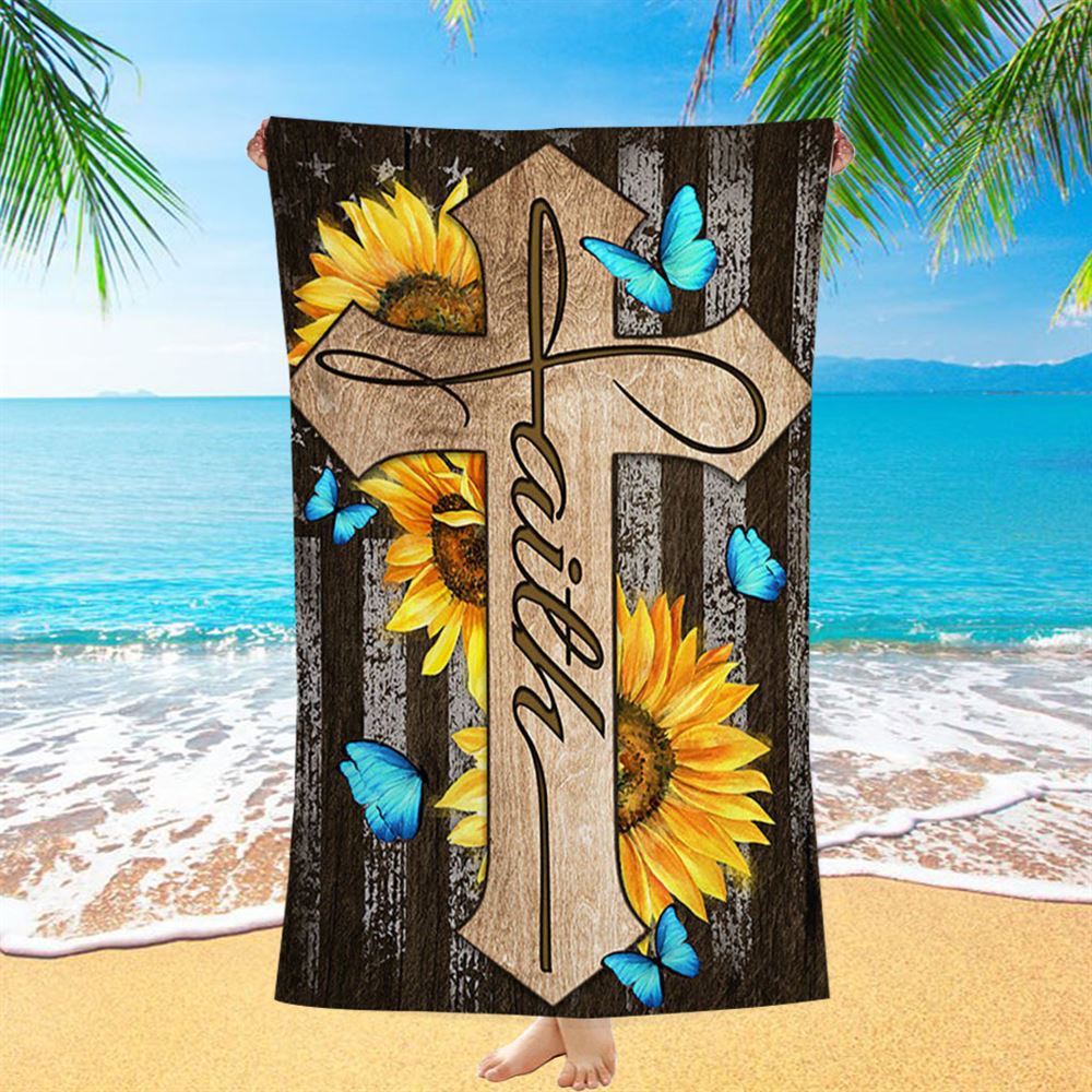 Cross With Sunflower Faith Beach Towel - Bible Verse Beach Towel - Christian Inspirational Beach Towel
