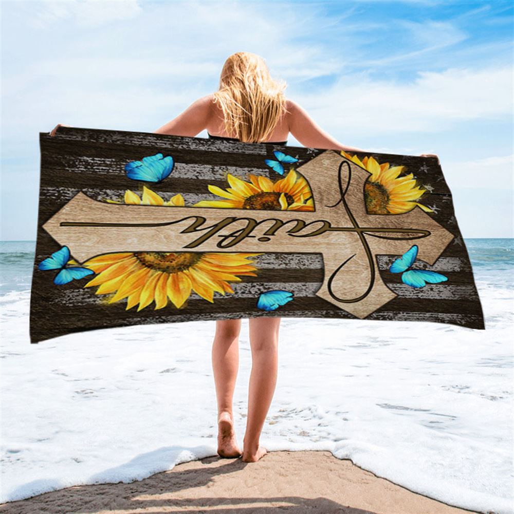Cross With Sunflower Faith Beach Towel - Bible Verse Beach Towel - Christian Inspirational Beach Towel