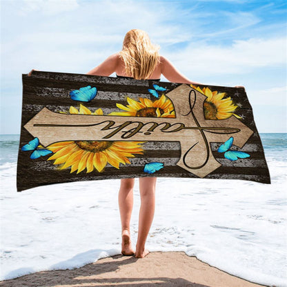 Cross With Sunflower Faith Beach Towel - Bible Verse Beach Towel - Christian Inspirational Beach Towel