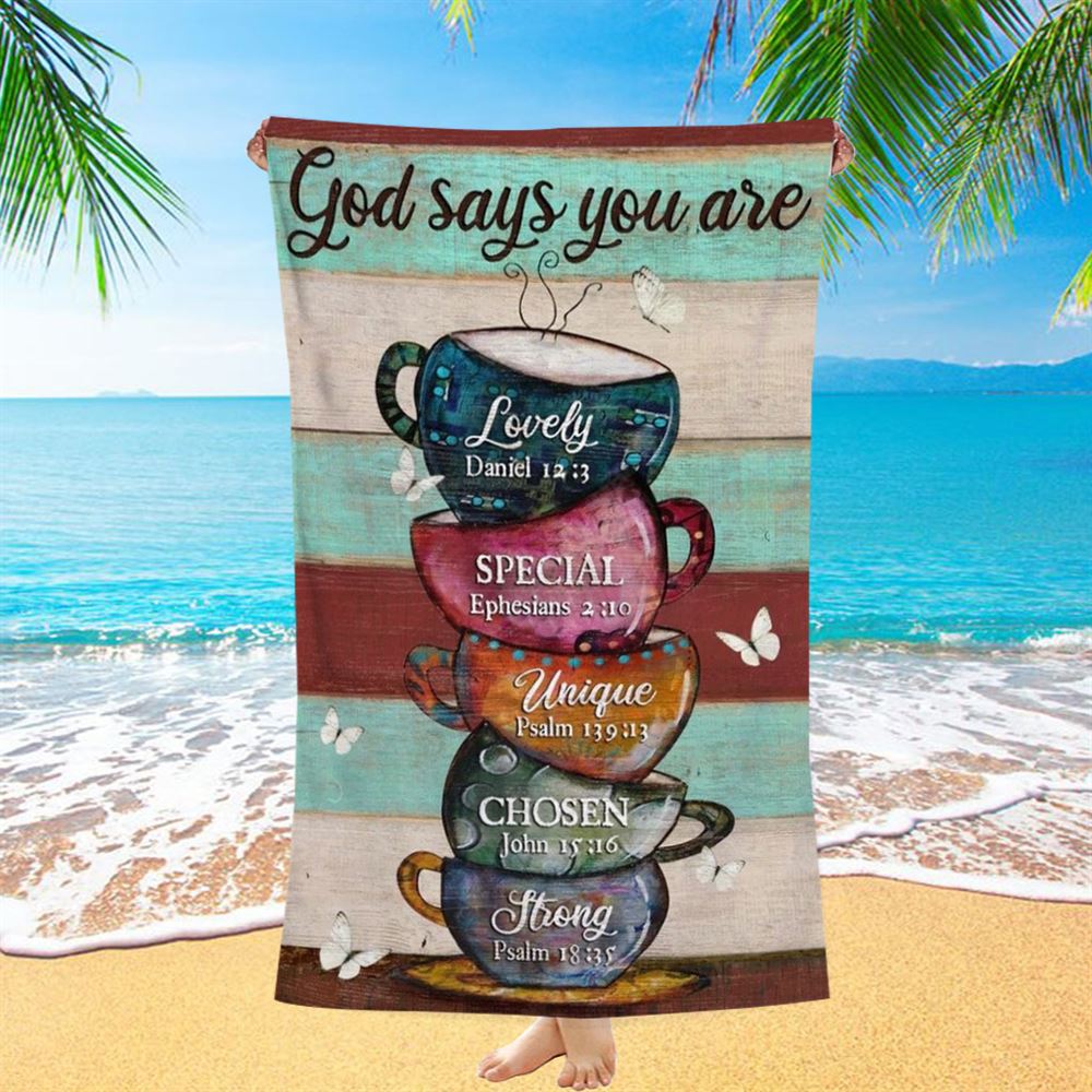 Cups Drawing, Coffee Cups, God Says You Are Beach Towel, Christian Beach Towel, Christian Gift, Gift For Women