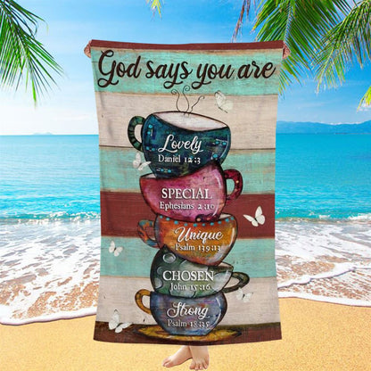 Cups Drawing, Coffee Cups, God Says You Are Beach Towel, Christian Beach Towel, Christian Gift, Gift For Women