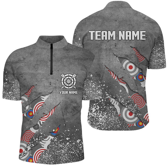 Custom Archery Target Pattern Grey Grunge Men Quarter-Zip Best Custom Name Archery Jersey, Archery Team Shirts, Custom Archery Shirts
