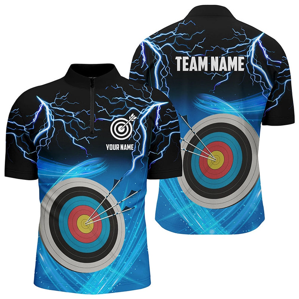 Custom Archery Target Thunder Lightning Men Quarter-Zip Best Archery Team Shirts Blue, Archery Team Shirts, Custom Archery Shirts