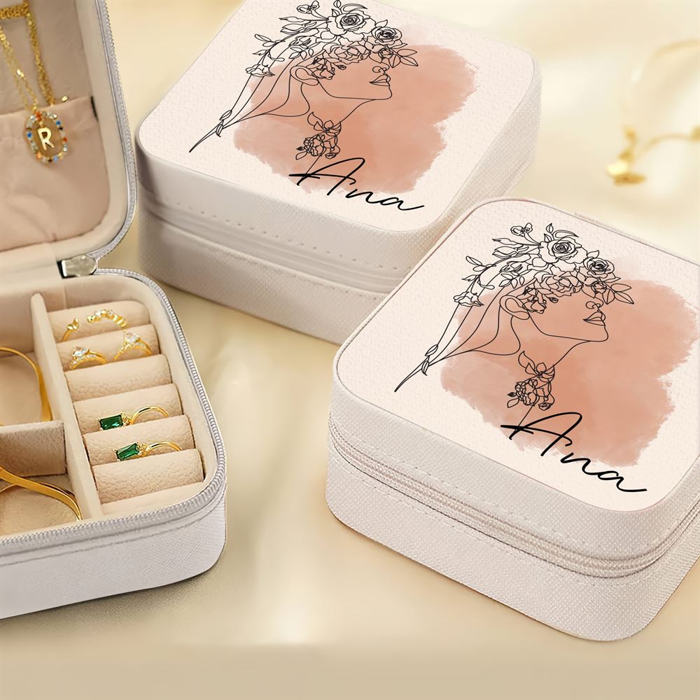 Custom Beautiful Girl Flowers Jewelry Box, Travel Jewelry Case Gift For Mom, Wife, Aunt, Friends, Mother's Day Jewelry Case