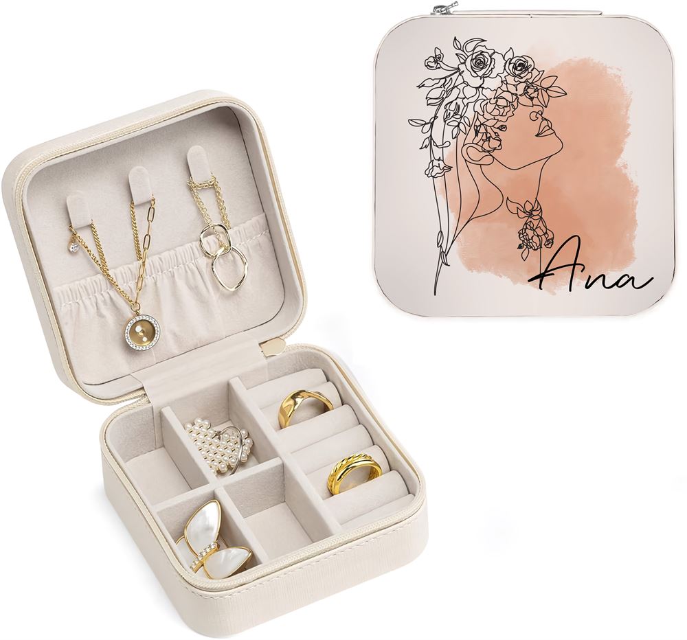 Custom Beautiful Girl Flowers Jewelry Box, Travel Jewelry Case Gift For Mom, Wife, Aunt, Friends, Mother's Day Jewelry Case
