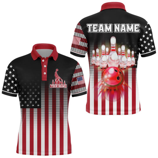 Custom Bowling Polo Shirts, American Bowling Jersey Men Custom Black Bowling Polo Shirt Team Patriot Bowling Shirt