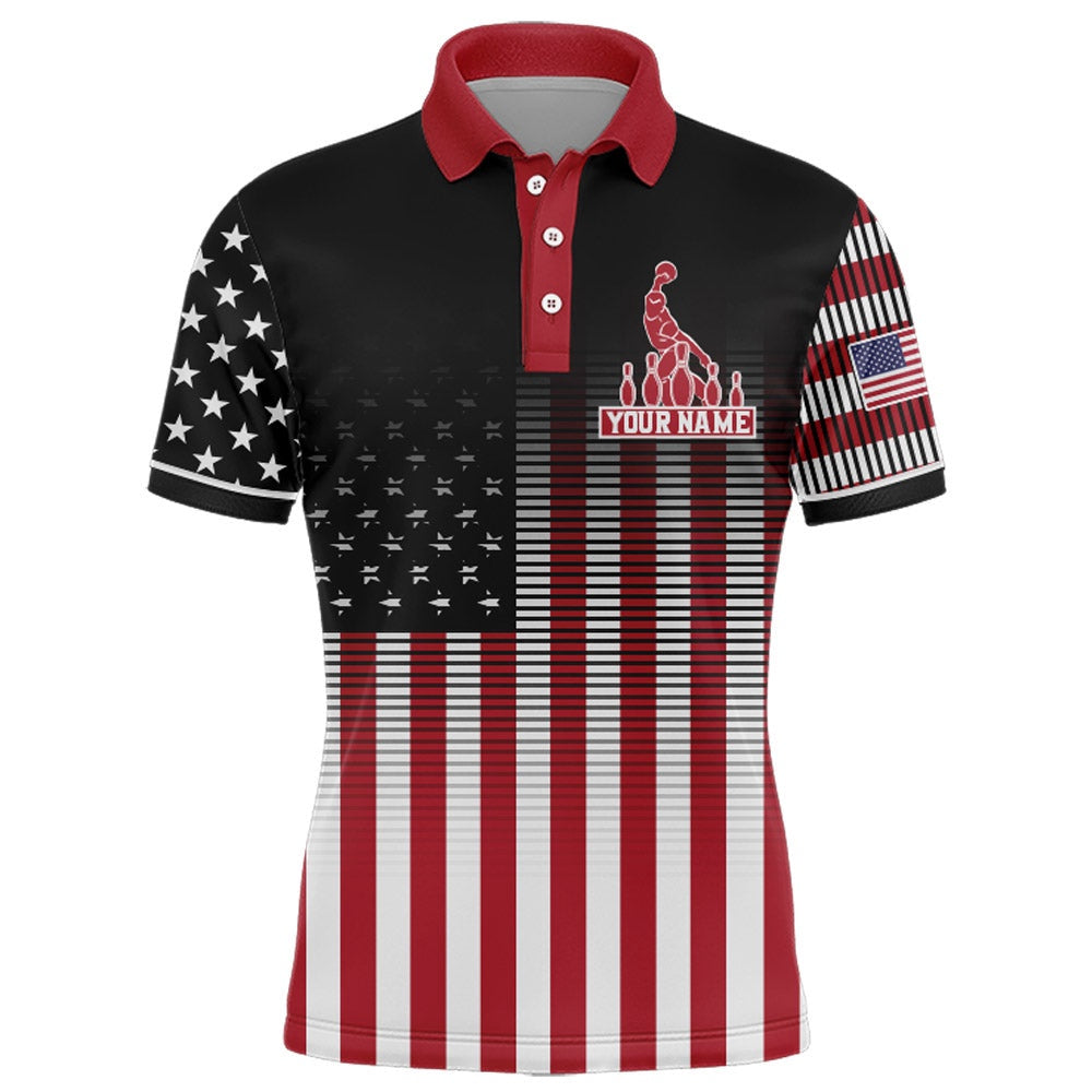 Custom Bowling Polo Shirts, American Bowling Jersey Men Custom Black Bowling Polo Shirt Team Patriot Bowling Shirt