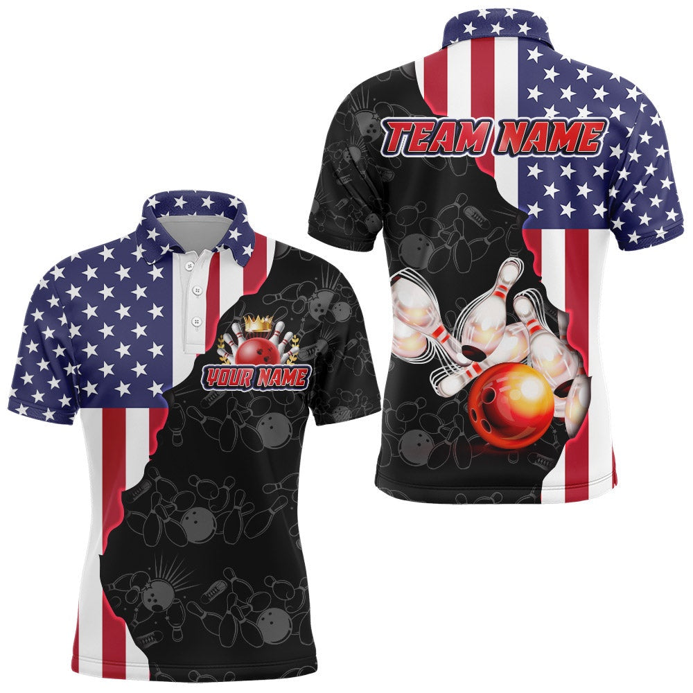 Custom Bowling Polo Shirts, American Bowling Shirt For Men Patriotic Bowling Jersey Team League Bowling Polo Shirt