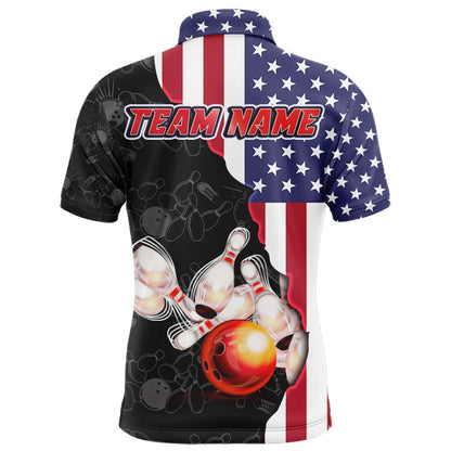 Custom Bowling Polo Shirts, American Bowling Shirt For Men Patriotic Bowling Jersey Team League Bowling Polo Shirt