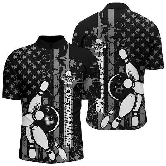 Custom Bowling Polo Shirts, American Flag Black And White Custom Bowling Polo Shirts For Men, Patriotic Bowling Team Jerseys