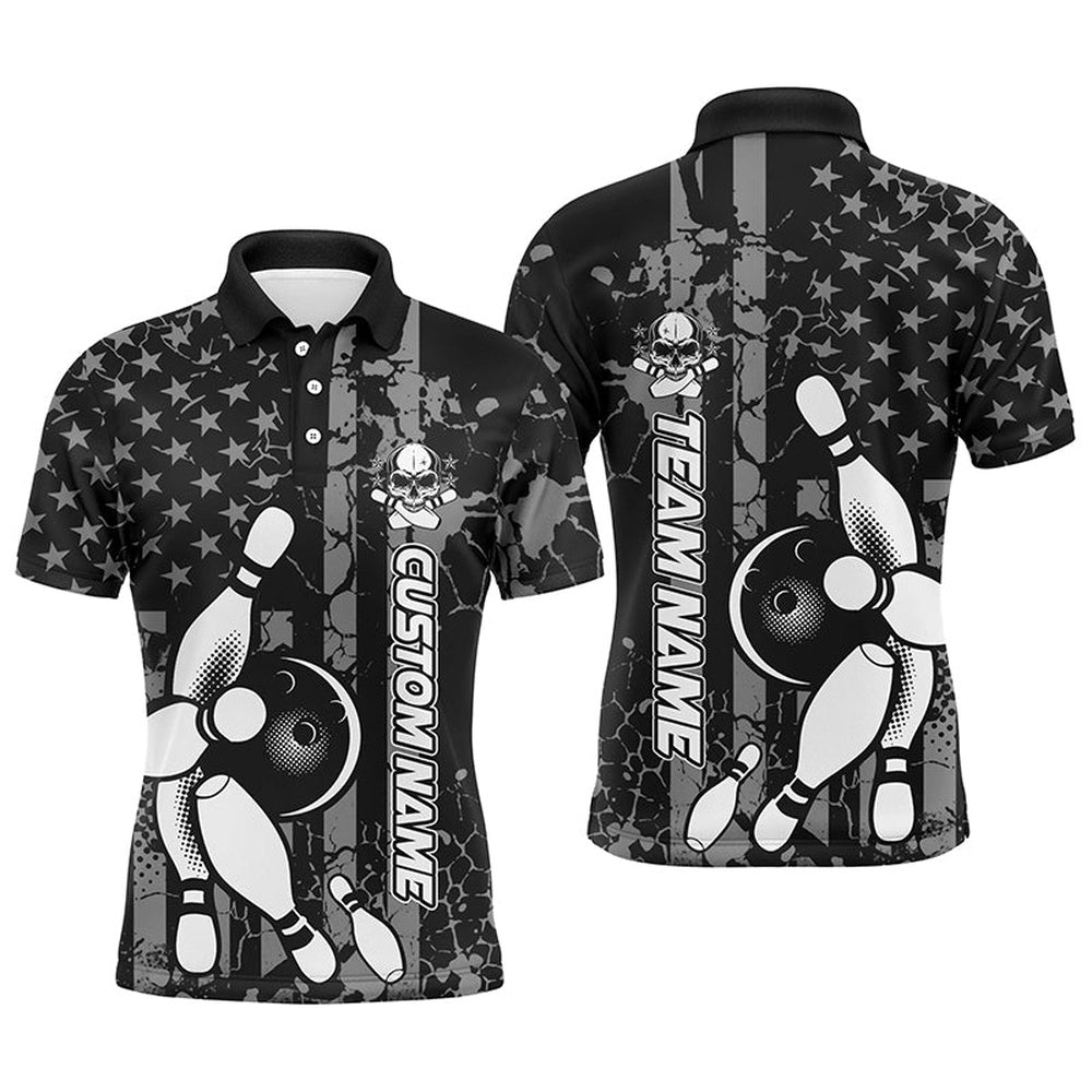 Custom Bowling Polo Shirts, American Flag Black And White Custom Bowling Polo Shirts For Men, Patriotic Bowling Team Jerseys