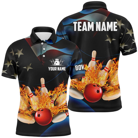 Custom Bowling Polo Shirts, American Flag Black Flame Bowling Polo Shirts For Men Custom Patriotic Bowling Team League Jerseys