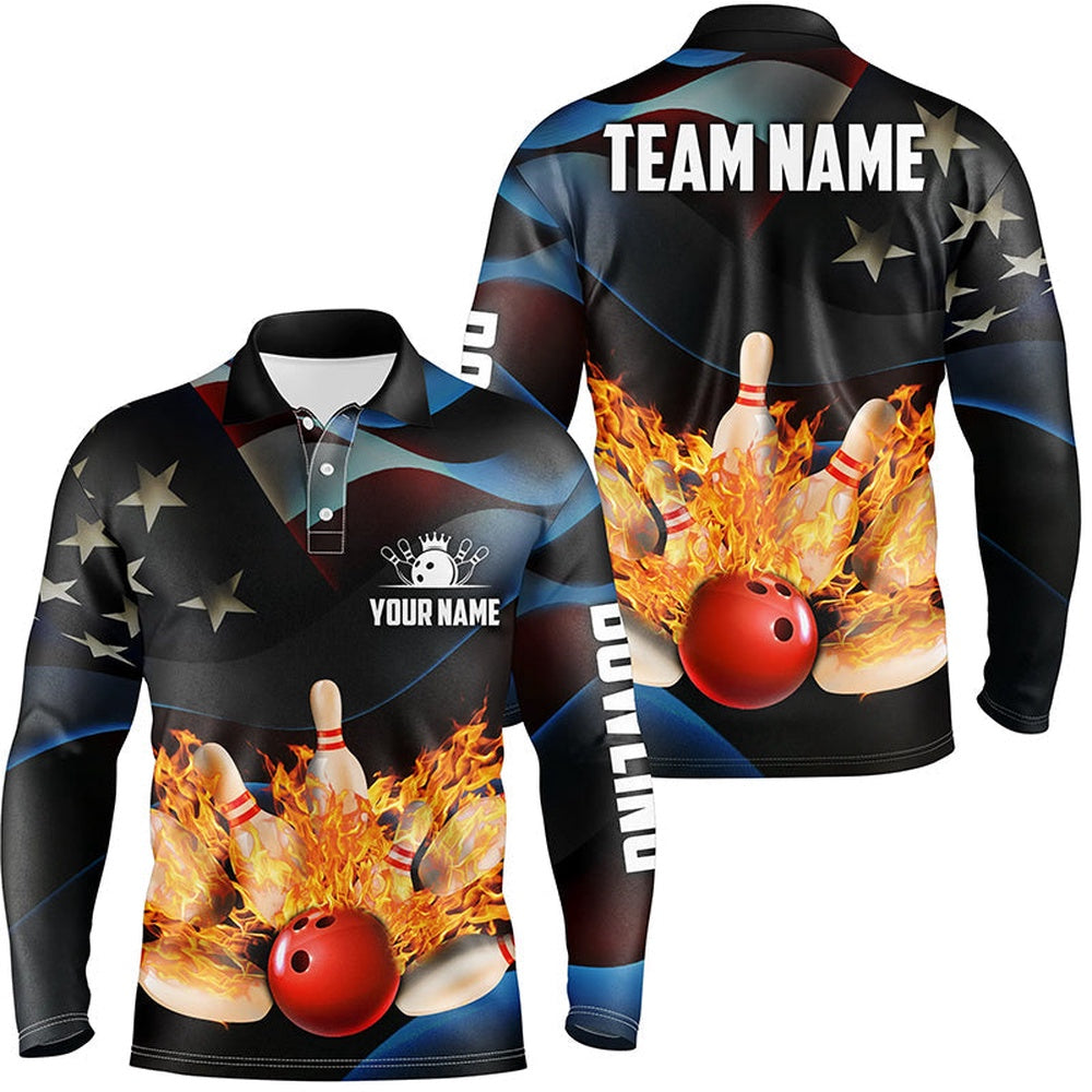 Custom Bowling Polo Shirts, American Flag Black Flame Bowling Polo Shirts For Men Custom Patriotic Bowling Team League Jerseys