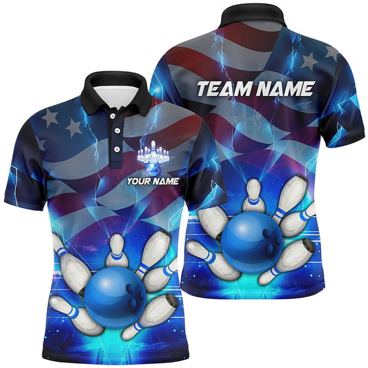 Custom Bowling Polo Shirts, American Flag Blue Custom Bowling Polo Shirts For Men Patriotic Bowling Team League Jerseys