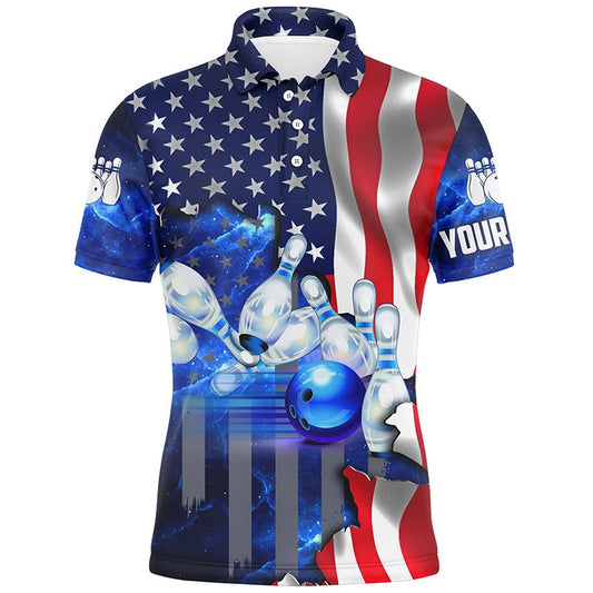 Custom Bowling Polo Shirts, American Flag Blue Galaxy Custom Bowling Polo Shirts For Men Patriotic Bowling Team League Jerseys