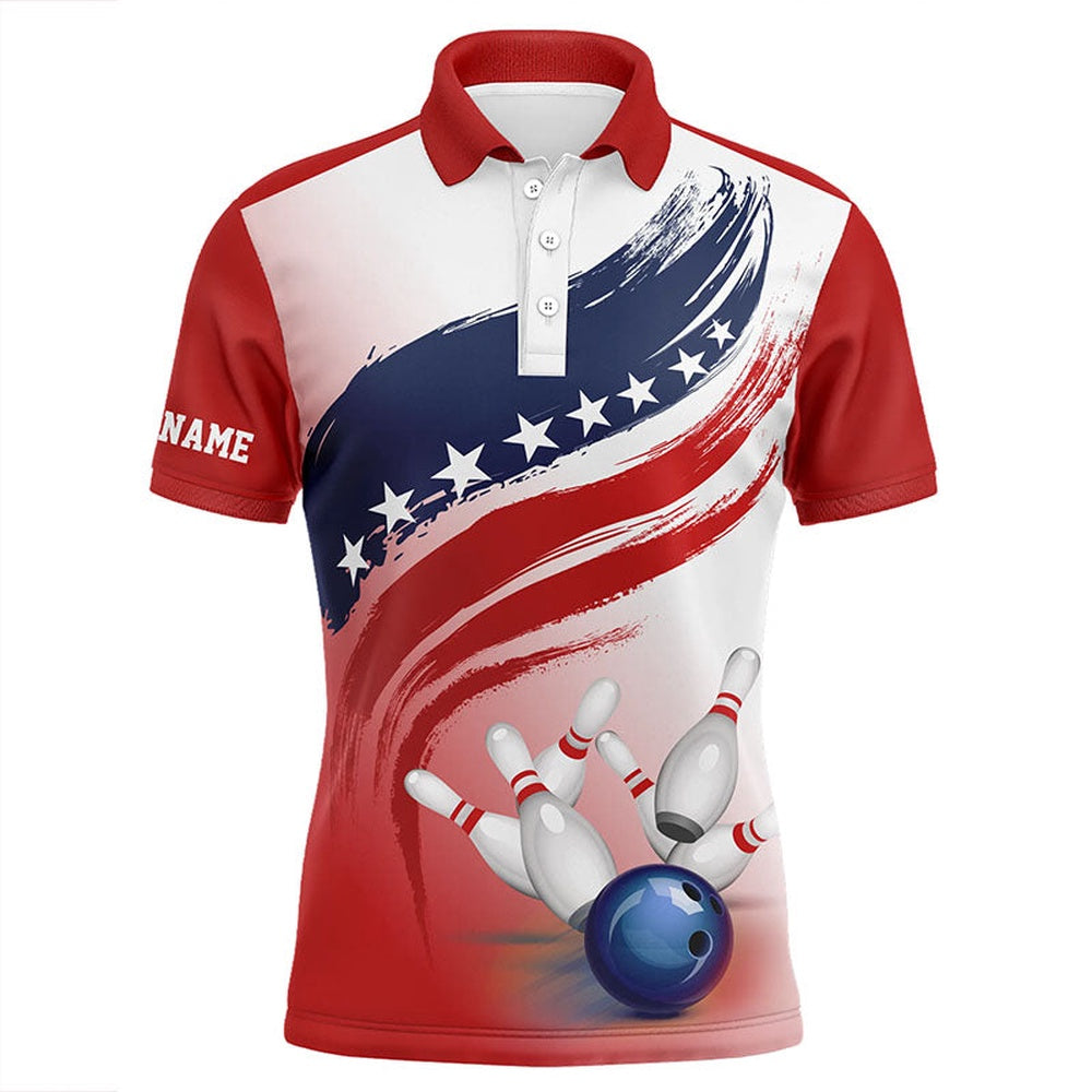 Custom Bowling Polo Shirts, American Flag Bowling Ball And Pins Bowling Polo Shirt For Men, Custom Bowling Team Jerseys