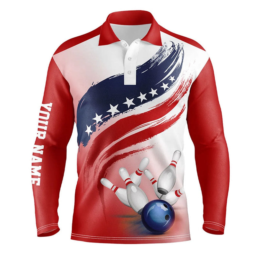 Custom Bowling Polo Shirts, American Flag Bowling Ball And Pins Bowling Polo Shirt For Men, Custom Bowling Team Jerseys